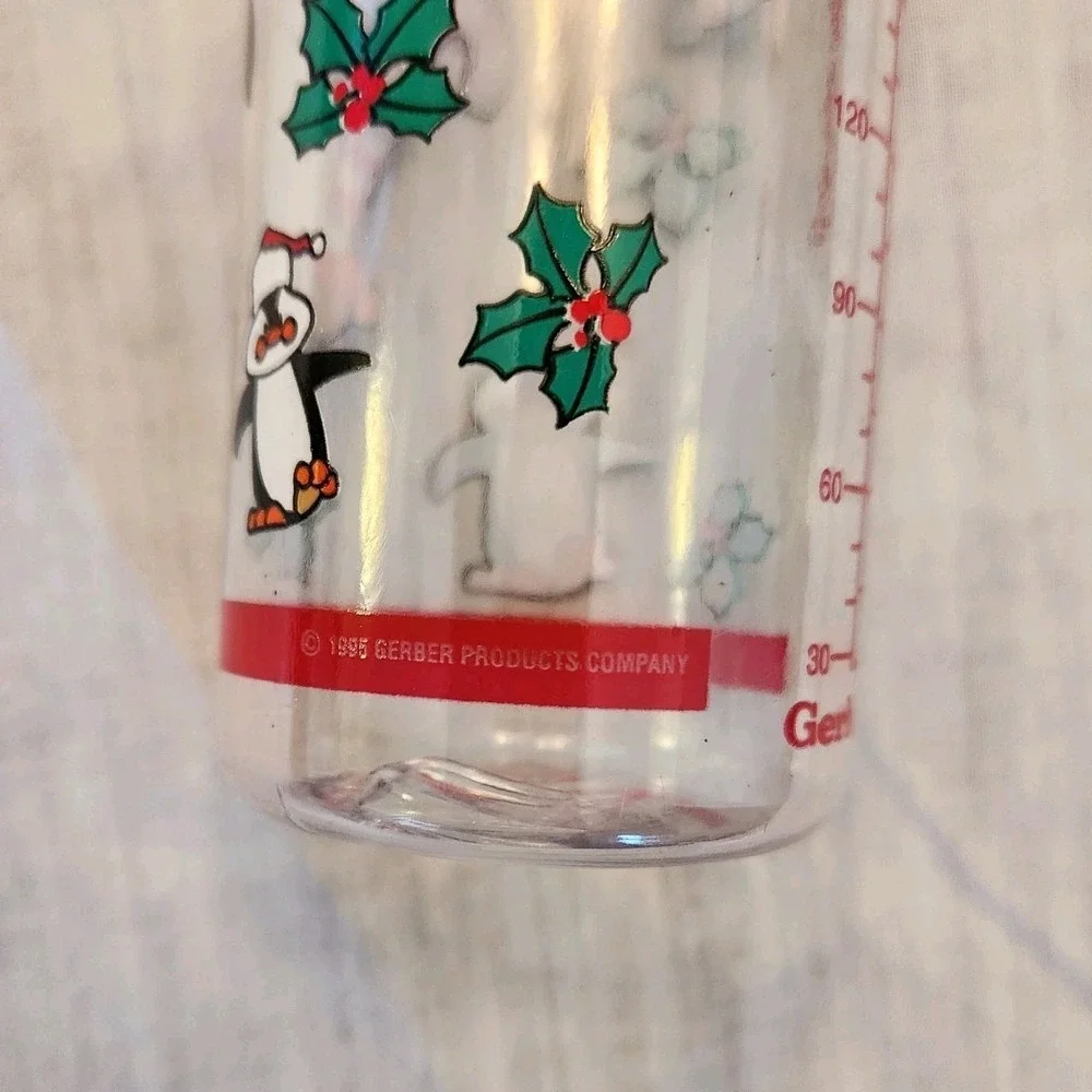 Vtg NOS Gerber Baby Bottle 9 oz. Christmas Nurser Penguin Santas Green Nipple 95